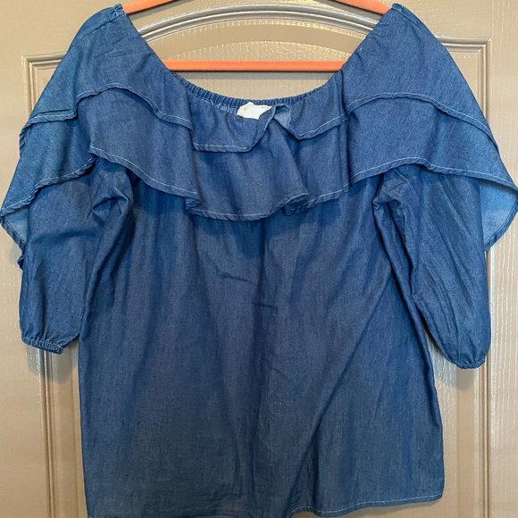 Off Shoulder Ruffle Denim Top - Size Medium - Picture 1 of 2